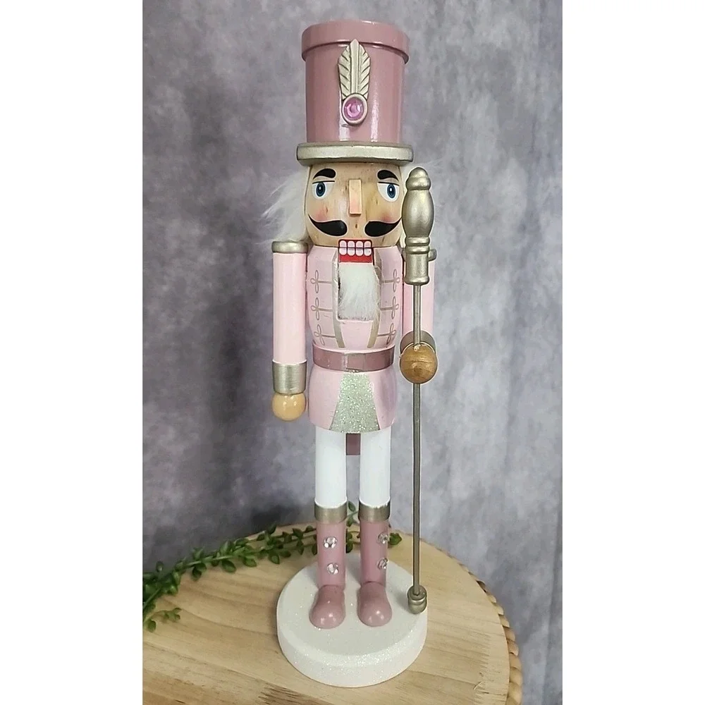 Pink White Guard Soldier Nutcracker Glitter Wooden 14